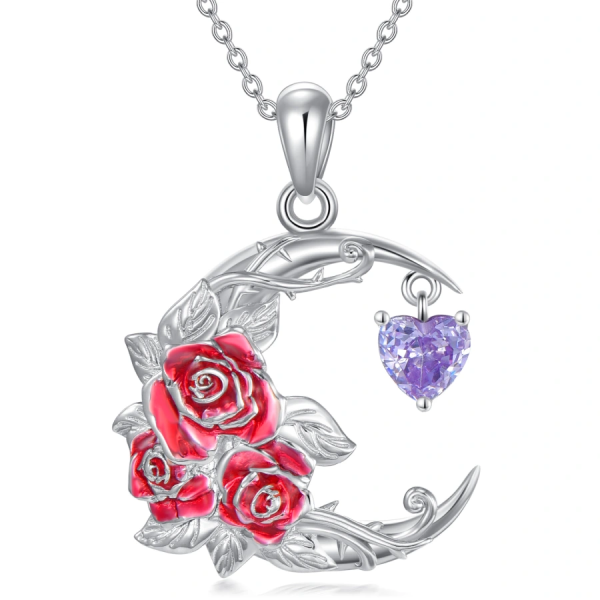 Sterling Silver Personalized Birthstone Rose Heart Moon Necklace