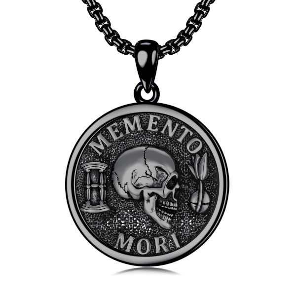 Sterling Silver with Black Color Plated Memento Mori Skull Pendant