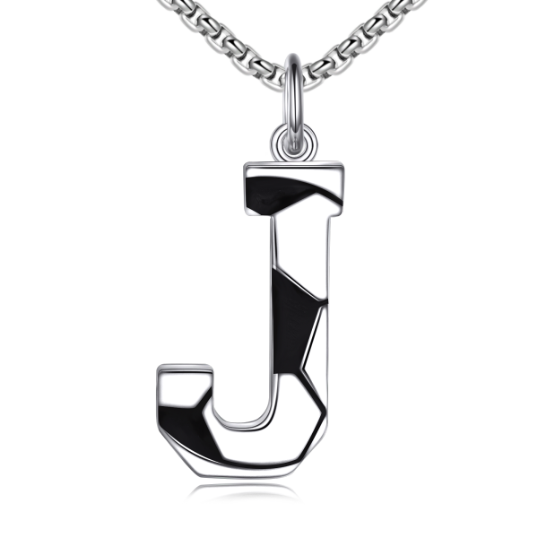 Sterling Silver Football Pendant Necklace with Initial Letter J