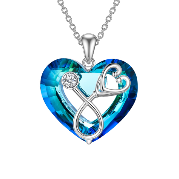 Sterling Silver Heart & Stethoscope Blue Crystal Pendant