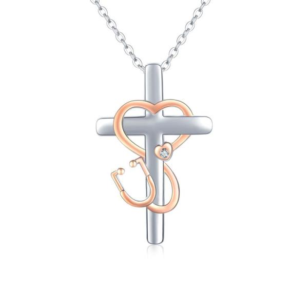 925 sterling silver themed rose gold stethoscope cross necklace