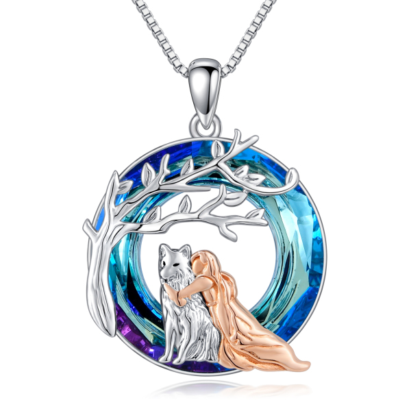 Sterling Silver Two-tone Circular Shaped Wolf Girl Crystal