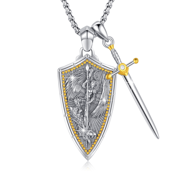 Sterling Silver Two-Tone Saint Michael & Sword Pendant Necklace